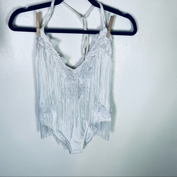 White Halter Top Deep V Fringe One Piece Bathing Suit By ASOS Swim - Picture 9 of 10